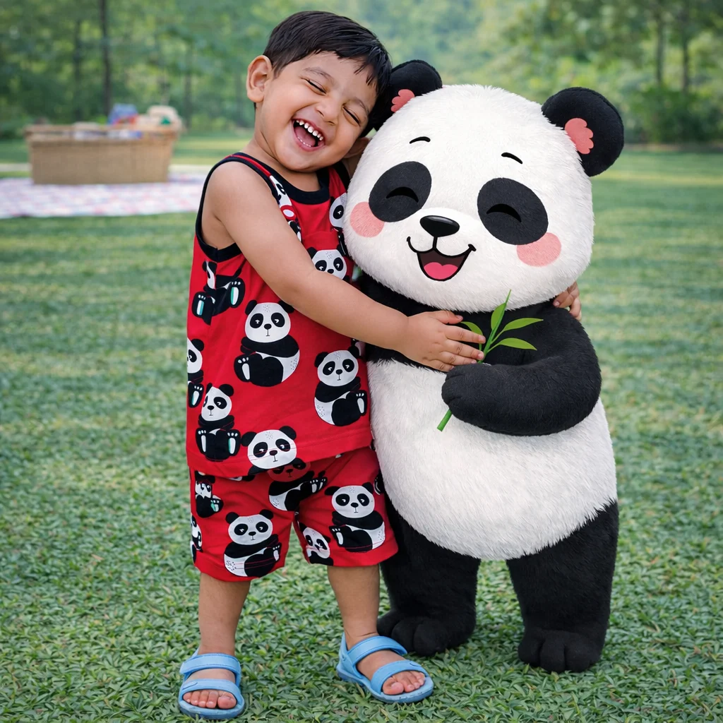 Cotton Knitted Sleeveless Cute Printed T-shirt Set - Red